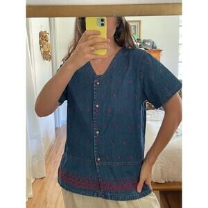 Vintage Denim Embroidered Button Front Short Sleeve Shirt Size Medium